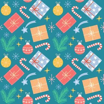 Seamless vector pattern of Christmas decorations, gift box,  candy, fir tre.. Illustrazione stock