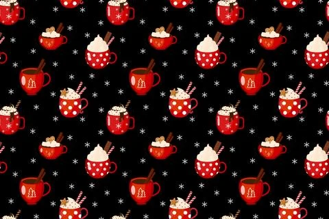 Seamless Vector Pattern of Christmas Drink Mugs. Cozy Winter Background Fea.. 库存插图