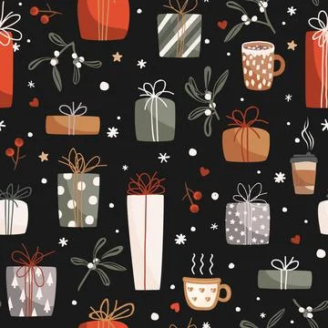 Seamless vector pattern with Christmas gift boxes, mugs, and mistletoe branches Illustrazione stock