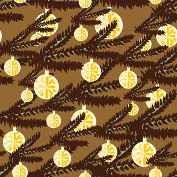 Seamless vector pattern with christmas tree branches and round ornaments Stock Illustration