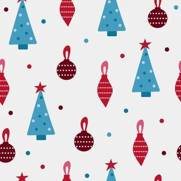 Seamless vector pattern - Christmas tree and Christmas toys. Red and blue colors Illustrazione stock