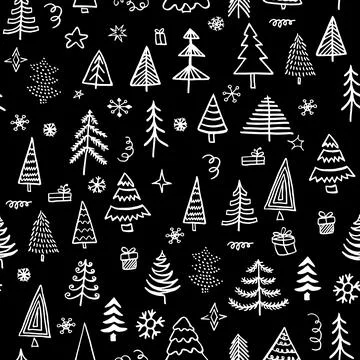 Seamless vector pattern with christmas trees and snow on black background Stock Illustration