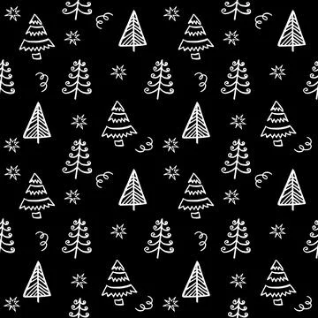 Seamless vector pattern with christmas trees and snow on black background Stock Illustration