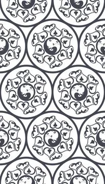 Seamless vector pattern of circles, hearts, reminiscent of Old Russian pain.. Stock Illustration