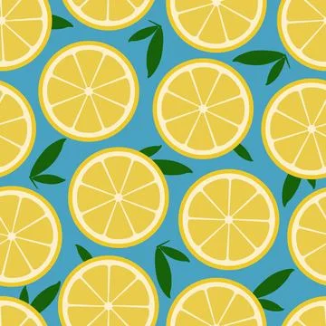 Seamless vector pattern with citrus slices lemons on blue background Stock Illustration