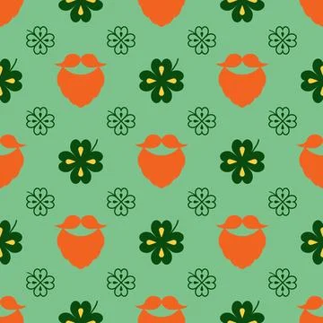 Seamless vector pattern with clover leaves, beards and mustaches. The St イラスト素材