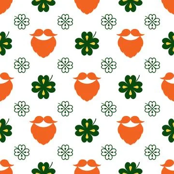 Seamless vector pattern with clover leaves, beards and mustaches. The St Stock Illustration