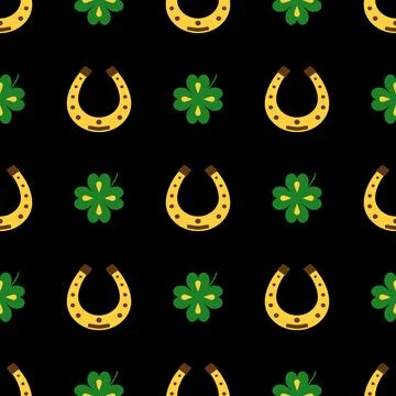 Seamless vector pattern with clover leaves and Horseshoe. The holidays backdrop Stock Illustration