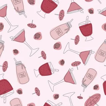 Seamless vector pattern with cocktail, glass,fruits on the pink background. Stock Illustration