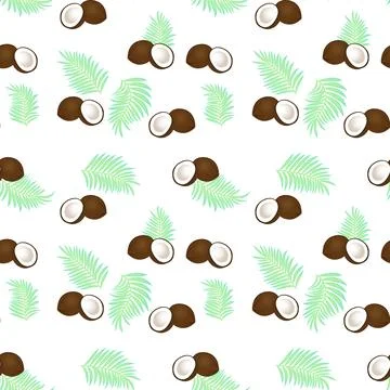 Seamless vector pattern with coconuts and palm leaves. Drawing for printing.. Stock Illustration