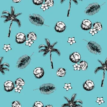 Seamless vector pattern with coconuts, palm trees, leaves on a blue backgroun イラスト素材