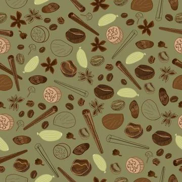 Seamless vector pattern of coffee beans and spices used to make different cof Illustrazione stock