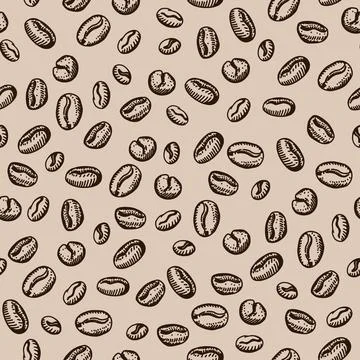 Seamless vector pattern with coffee beans, sketch. background in warm brown t Stock Illustration
