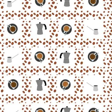 Seamless vector pattern. Coffee grains, a cup of coffee, coffee maker. Isolat イラスト素材
