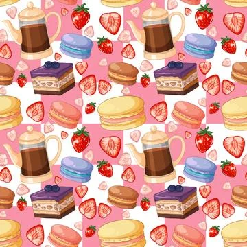 Seamless Vector Pattern with Coffee Pots Macarons and Fresh Strawberries Illustrazione stock
