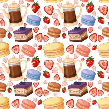 Seamless Vector Pattern with Coffee Pots Macarons and Fresh Strawberries 스톡 일러스트