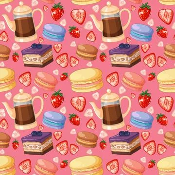 Seamless Vector Pattern with Coffee Pots Macarons and Fresh Strawberries Stock Illustration