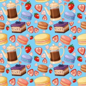 Seamless Vector Pattern with Coffee Pots Macarons and Fresh Strawberries Stockillustratie