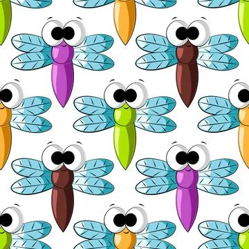 Seamless vector pattern with color cute dragonfly Stock Illustration