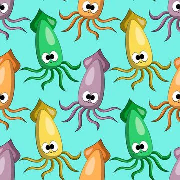 Seamless vector pattern with color cute cartoon squid Illustrazione stock