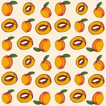 Seamless vector pattern of colored apricot on a yellow isolated background. Stock Illustration