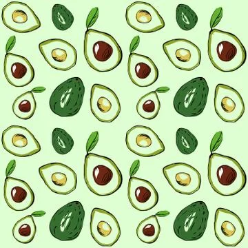 Seamless vector pattern of colored avocado on a green isolated background. Stock Illustration