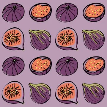 Seamless vector pattern of colored figs on a purple isolated background. Stock Illustration