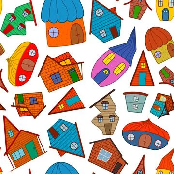 Seamless vector pattern of colored houses in the style of a doodle on a white Stock Illustration