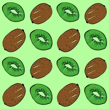 Seamless vector pattern of colored kiwi on a green isolated background. Illustrazione stock