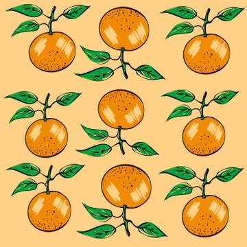 Seamless vector pattern of colored Mandarin on a orange isolated background. Stock Illustration