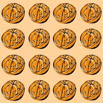 Seamless vector pattern of colored Mandarin on a orange isolated background. Stock Illustration