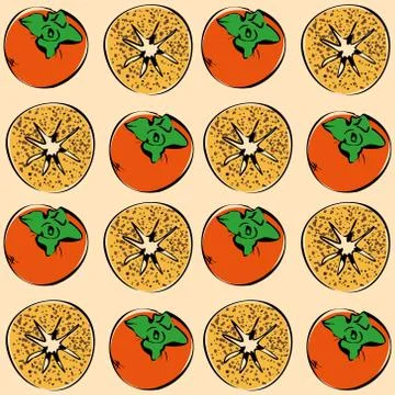 Seamless vector pattern of colored persimmons on an orange isolated background. 스톡 일러스트