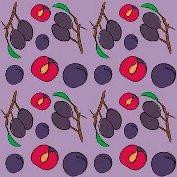 Seamless vector pattern of colored plum on a purple isolated background. Stock Illustration