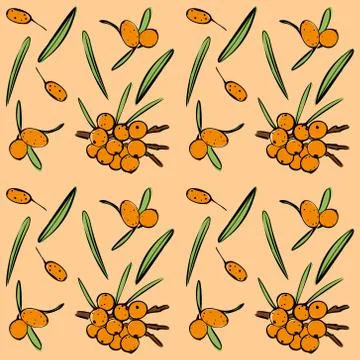 Seamless vector pattern of colored sea buckthorn on an orange isolated Stock Illustration