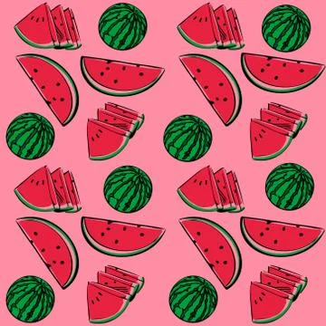 Seamless vector pattern of colored watermelon on a pink isolated background. Stock Illustration