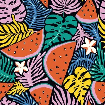 Seamless vector pattern with colorful abstract tropical plants, exotic flow.. Stock Illustration