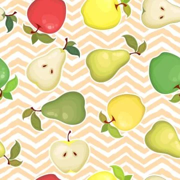 Seamless vector pattern with colorful apples and pears isolated on geometrica Stock Illustration