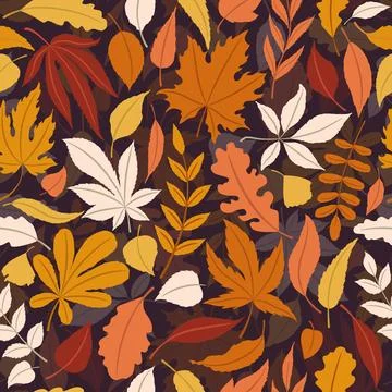 Seamless vector pattern with colorful autumn leaves isolated on brown backg.. Stock Illustration