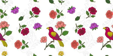 Seamless Vector Pattern with Colorful Birds and Flowers Vintage Botanical Design Stock Illustration
