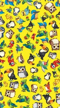 Seamless Vector Pattern of Colorful Cartoon Birds on Yellow Background 스톡 일러스트
