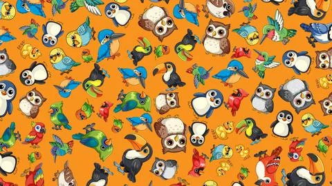 Seamless Vector Pattern of Colorful Cartoon Birds on Orange Background Stock Illustration