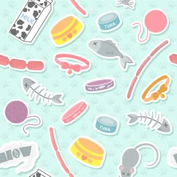 Seamless vector pattern with colorful cat objects bowls, fish bones, toys, pe Stock Illustration