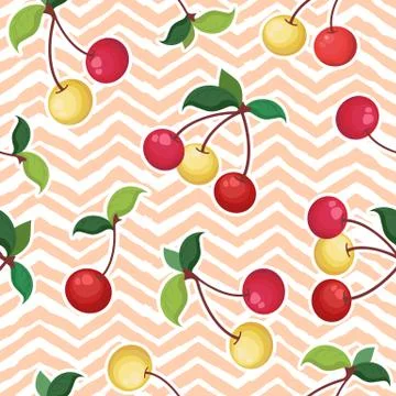 Seamless vector pattern with colorful cherries isolated on geometrical backgr Stock Illustration