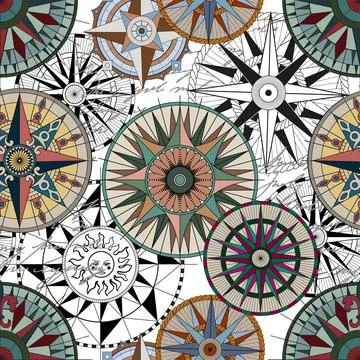 Seamless vector pattern with colorful compass, marine objects Stock Illustration
