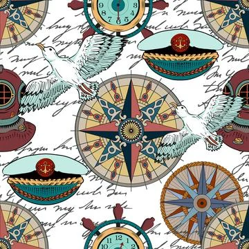Seamless vector pattern with colorful compass, marine objects Stock Illustration