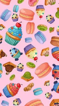 Seamless Vector Pattern of Colorful Cupcakes Macarons and Sweet Desserts Illustrazione stock