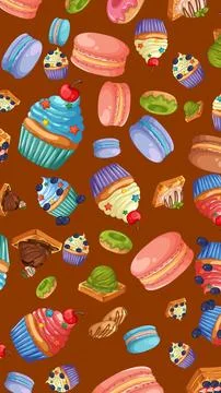Seamless Vector Pattern of Colorful Cupcakes Macarons and Sweet Bakery Desser 스톡 일러스트