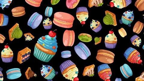 Seamless Vector Pattern of Colorful Cupcakes Macarons and Pastries Stock Illustration