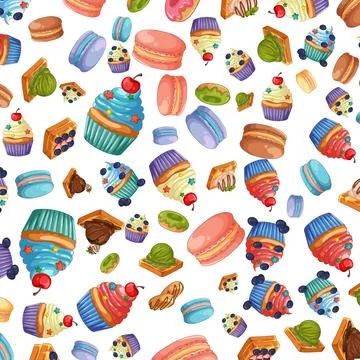 Seamless Vector Pattern of Colorful Cupcakes Macarons and Sweet Pastries Stock Illustration