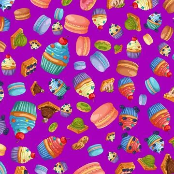 Seamless Vector Pattern of Colorful Cupcakes Macarons and Sweet Pastries Stock Illustration